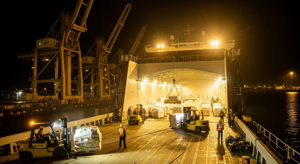 Cargo hold lights illuminate the entire deck
