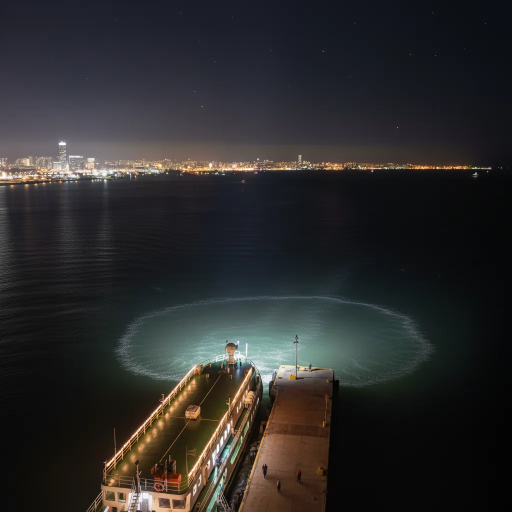 Nighttime ship navigation with marine remote control searchlight illuminating sea and port area