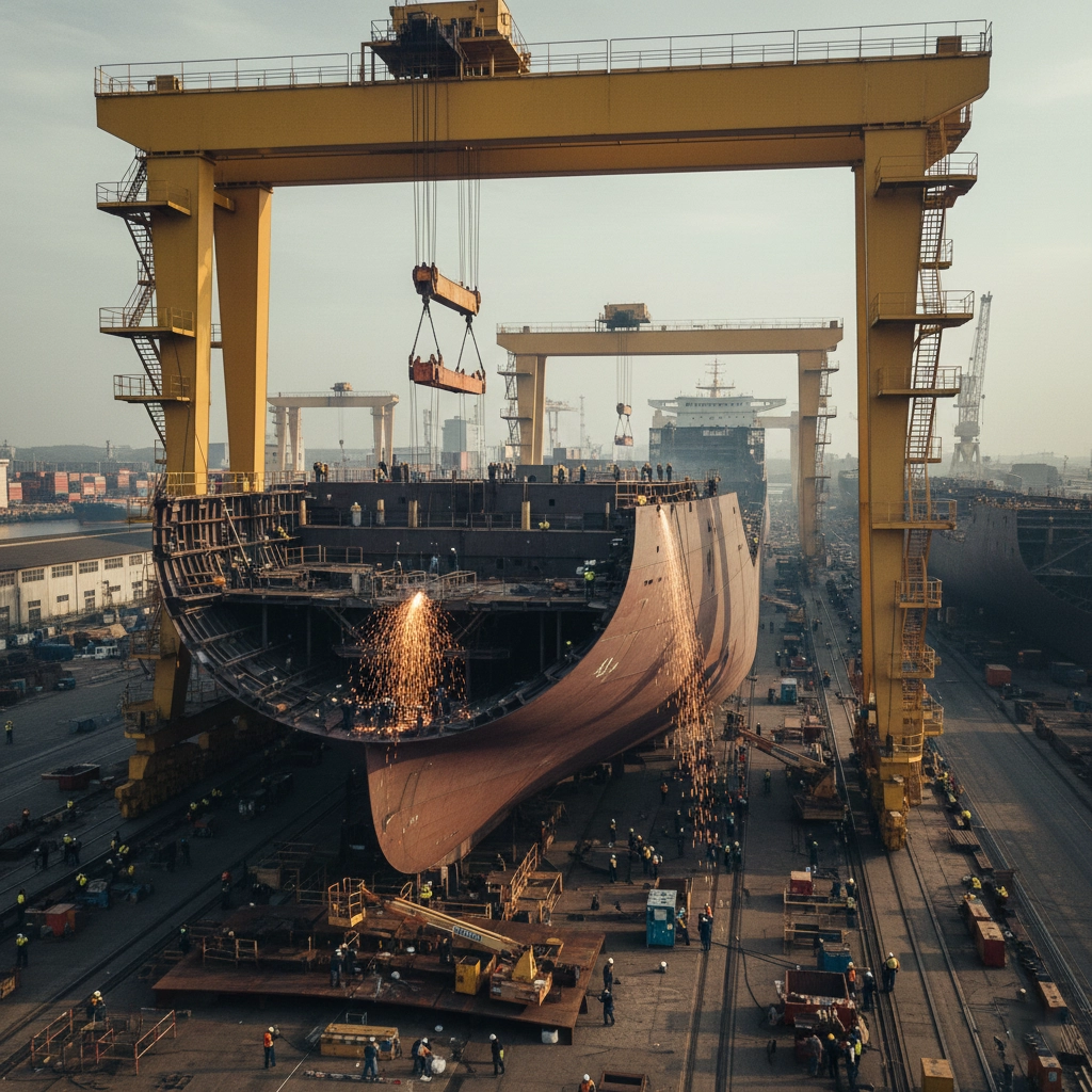 Construction site photos of large hull modules