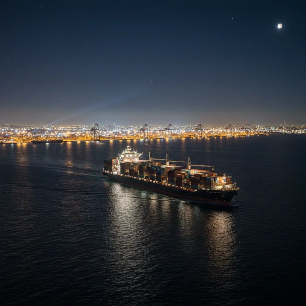 Night navigation of a container ship using led marine searchlight for safe visibility