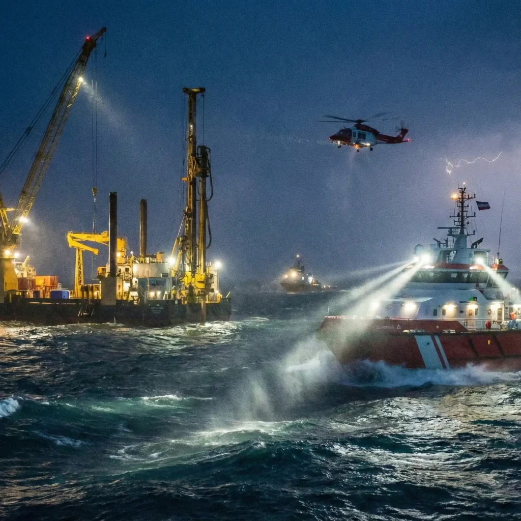 Scenes of different ships equipped with marine searchlights at night.