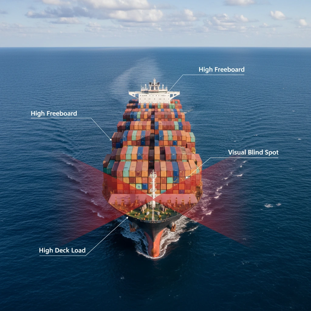 Stacked containers blocking visibility on container ship deck requiring marine searchlight assistance