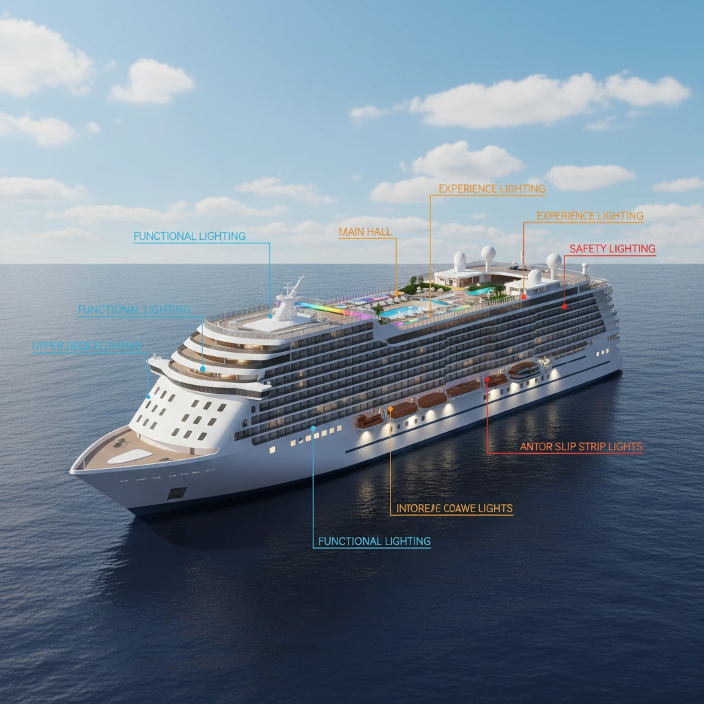 Cruise ship concept lighting zones for marine lighting design
