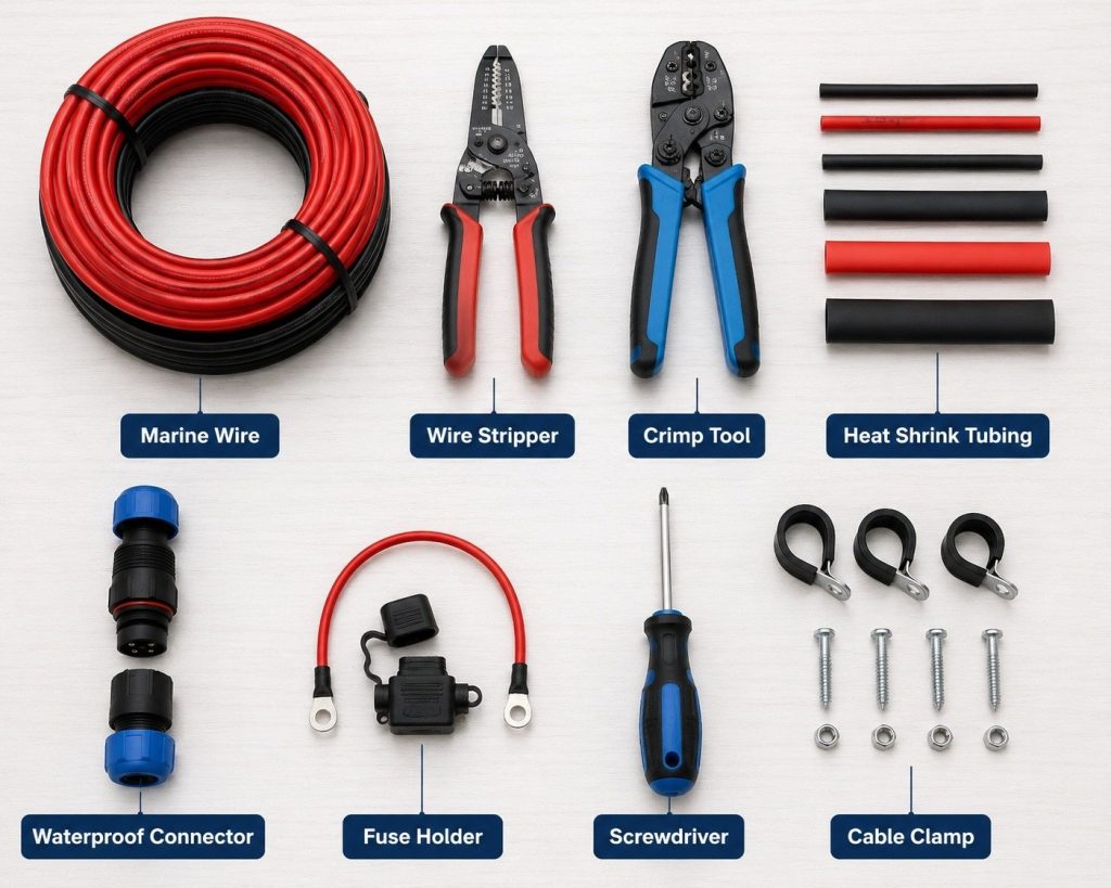 Essential tools and materials for wiring boat navigation lights