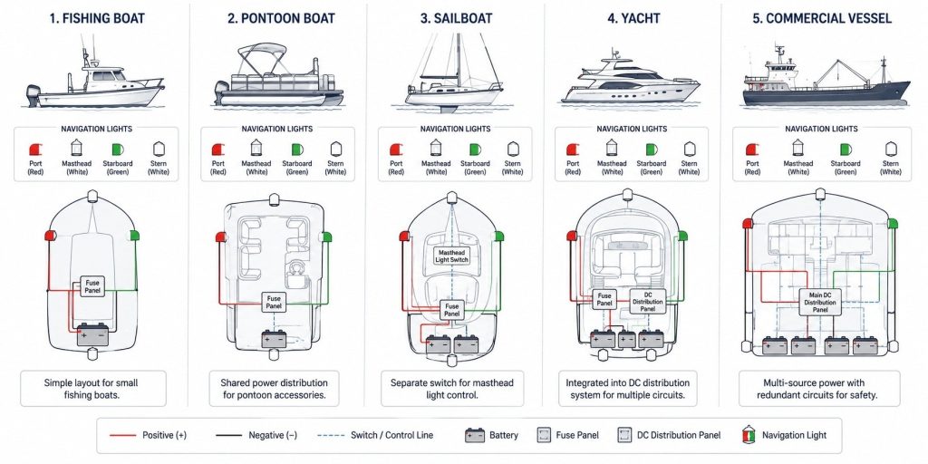 Navigation light wiring layouts for different types of boats