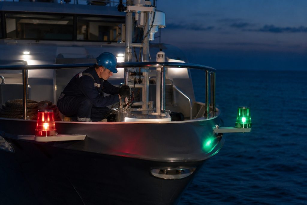 Technician installing LED boat navigation lights on a marine vessel