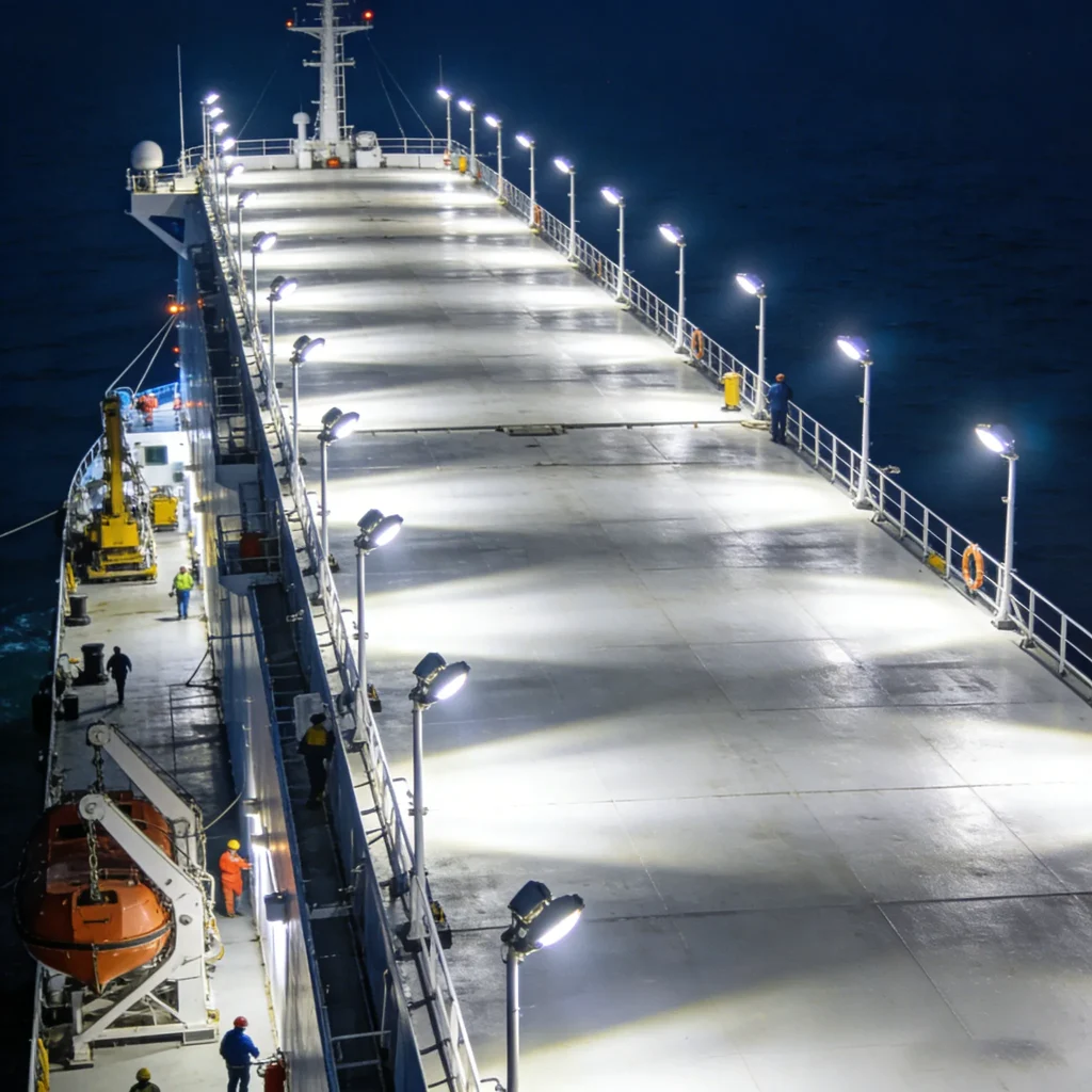 Ship deck illuminated at night with Marine Lighting Systems