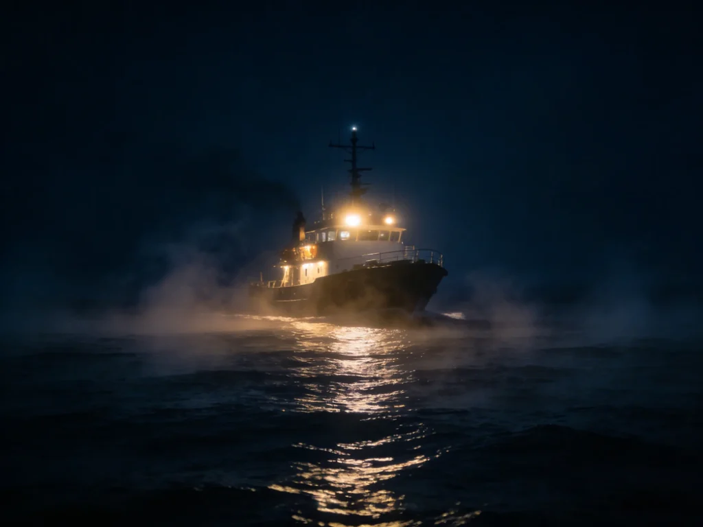 nighttime boating with navigation lights on dark water