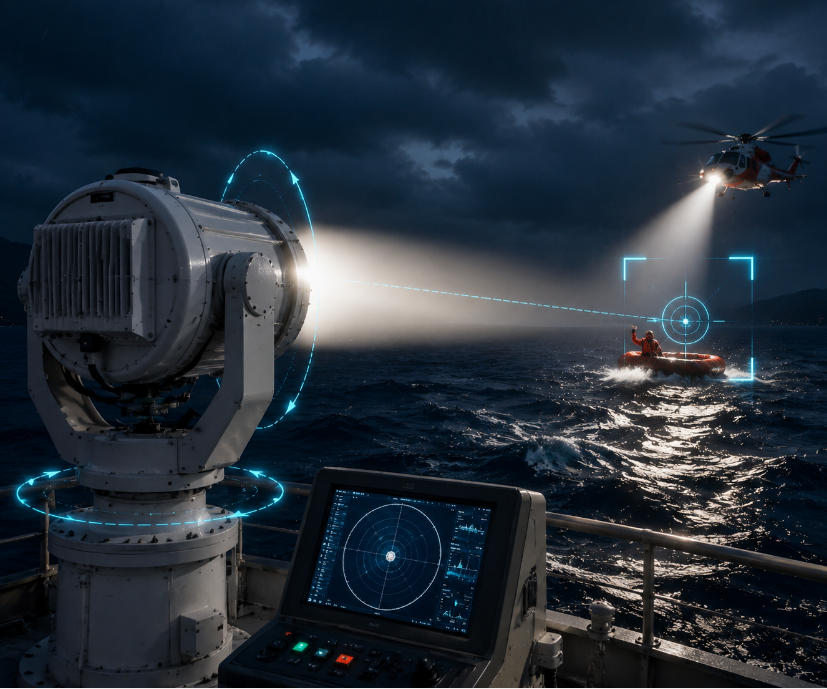 Automatic Tracking Marine Searchlights for Rescue Tasks