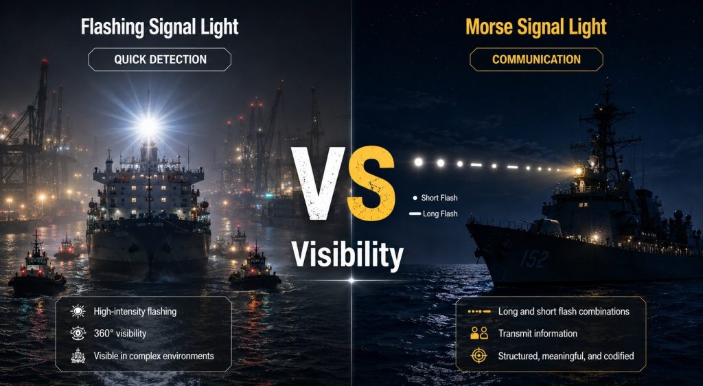 Flashing signal light vs Morse signal light on modern marine vessels