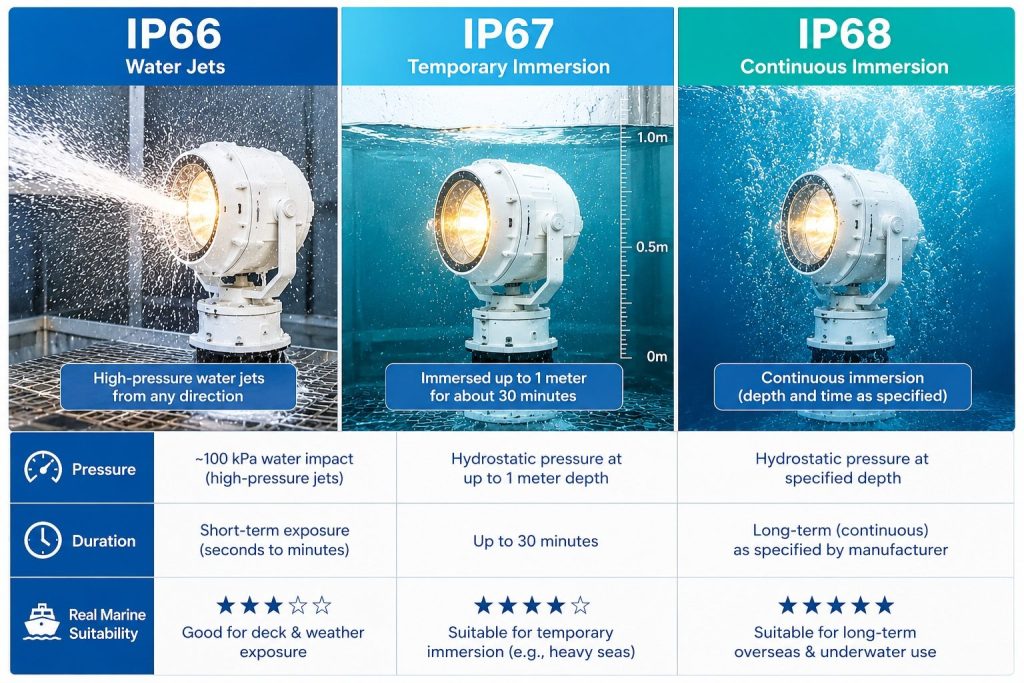 IP66 vs IP67 vs IP68 waterproof protection comparison for marine searchlights