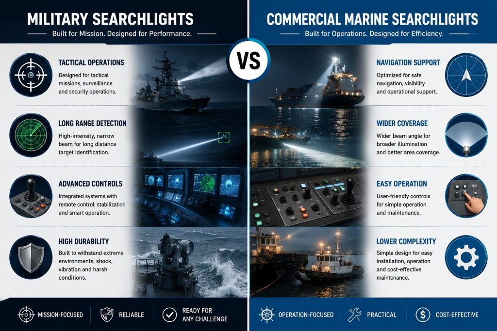 Key differences between military searchlights and commercial marine searchlights