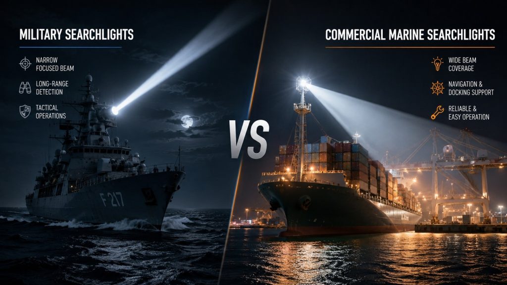 Military searchlights vs commercial marine searchlights comparison on naval and cargo vessels
