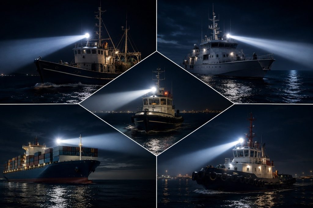Boat spotlight applications for fishing, patrol, cargo and tug vessels