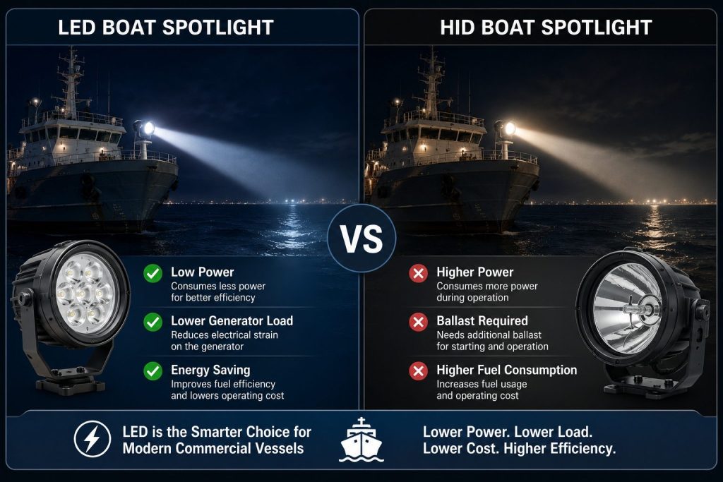 Energy efficiency comparison between LED and HID boat spotlights