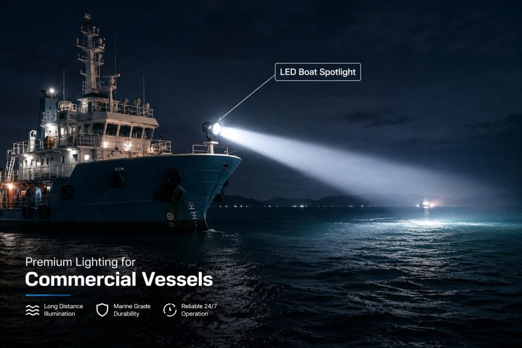 LED boat spotlight installed on a commercial vessel at sea