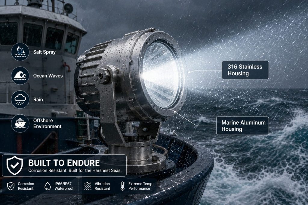 Waterproof LED boat spotlight for offshore commercial vessels