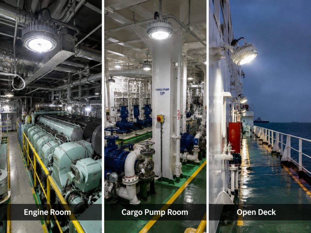 Different hazardous areas on a vessel requiring different explosion-proof lighting solutions
