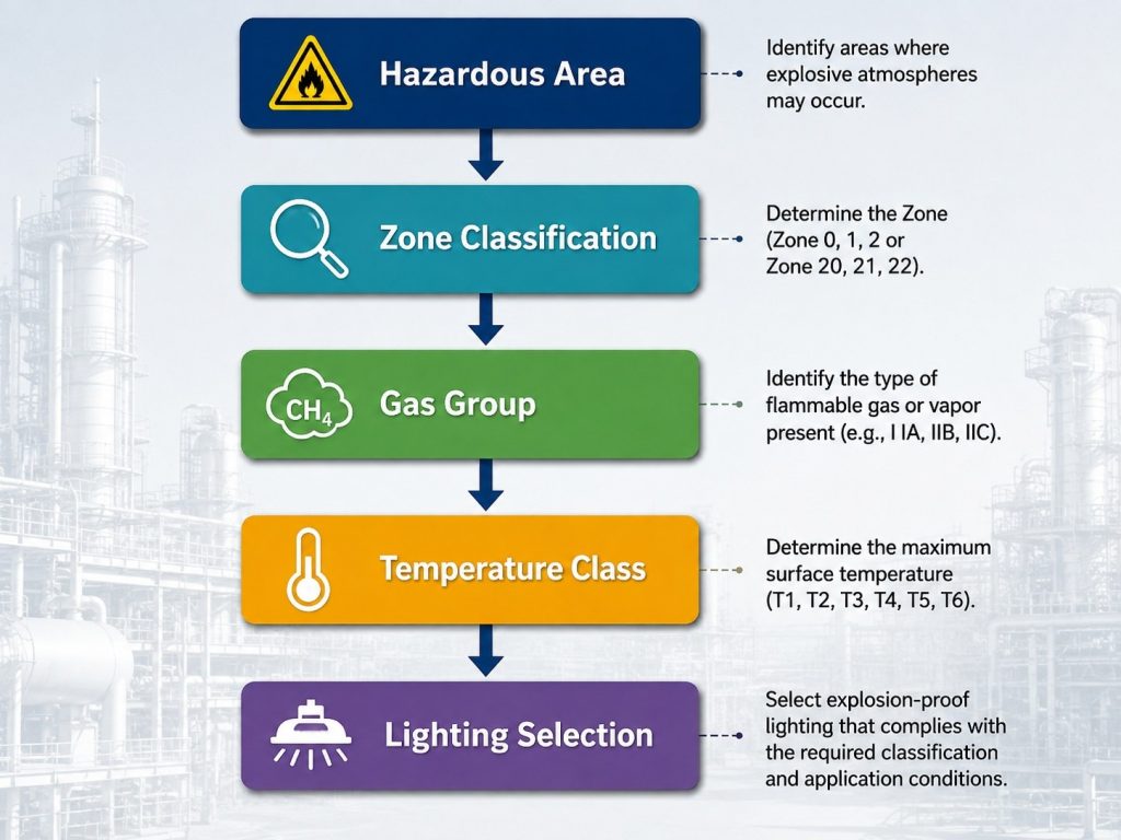Engineering workflow for selecting explosion-proof lighting based on hazardous area classification