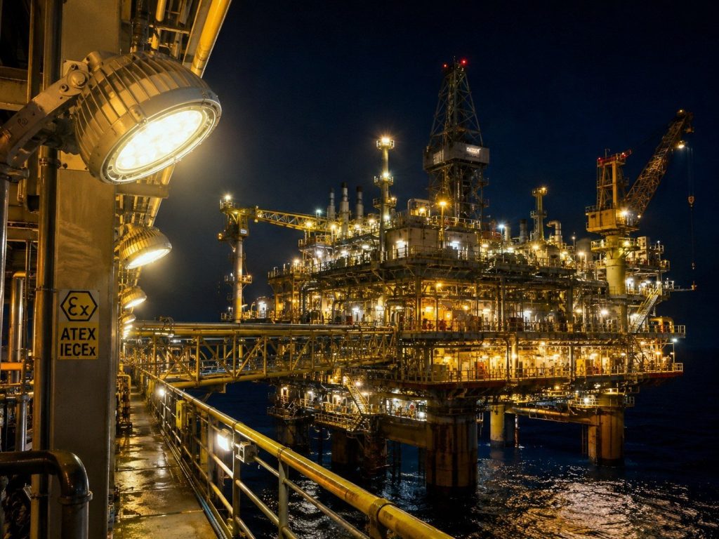 Explosion-proof LED lighting installed on an offshore oil platform for hazardous area illumination