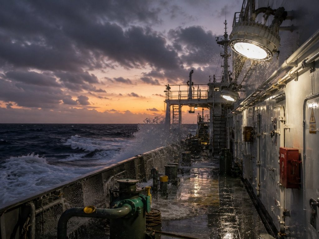 Explosion-proof floodlights installed on the open deck of an offshore vessel