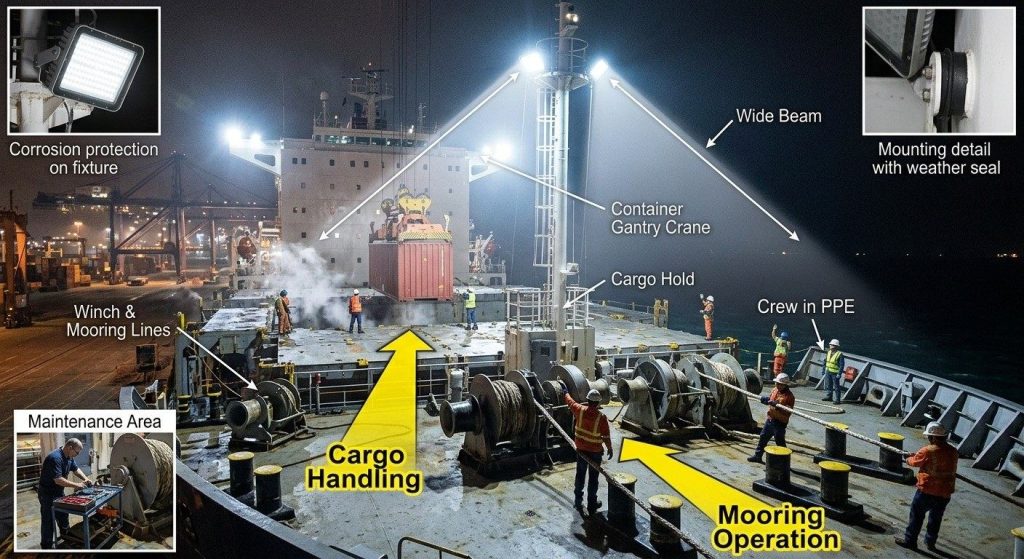 Marine deck floodlights for cargo handling and vessel maintenance