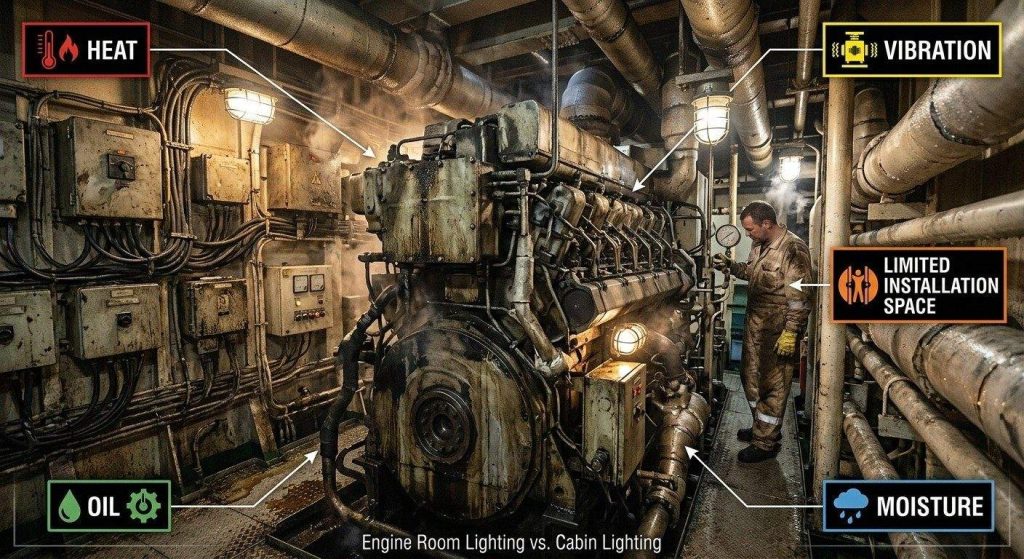 Marine lighting for engine rooms and machinery spaces