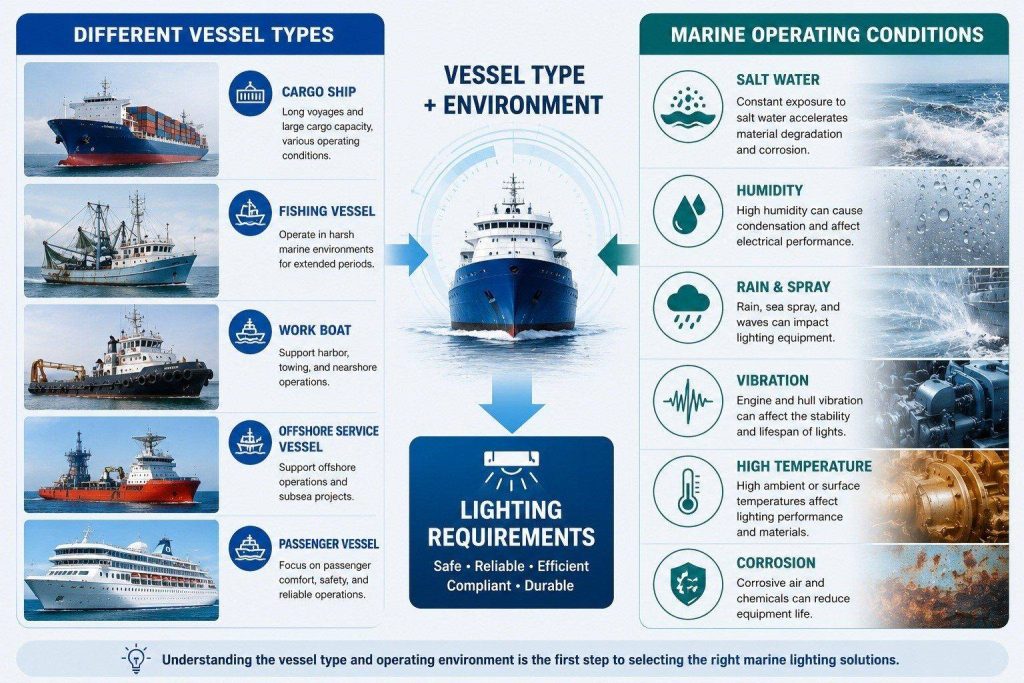 Marine lighting requirements for different vessel types and operating environments
