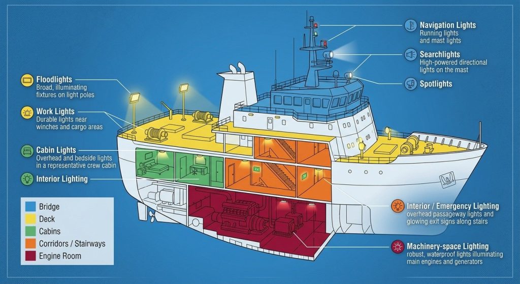 Marine lighting systems by vessel area including bridge, deck, engine room and cabins