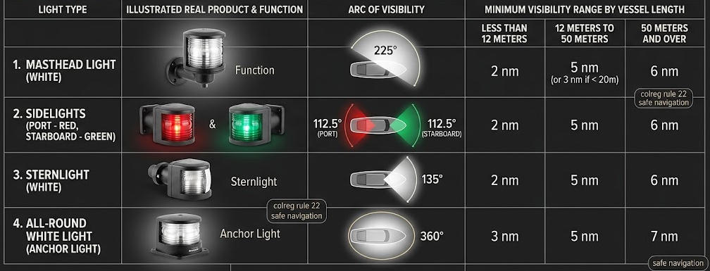 different visibility requirements for Different type of navigation lights