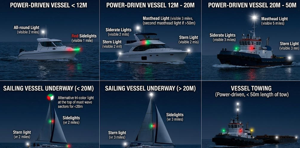 specific navigation light visibility requirements of different vessels