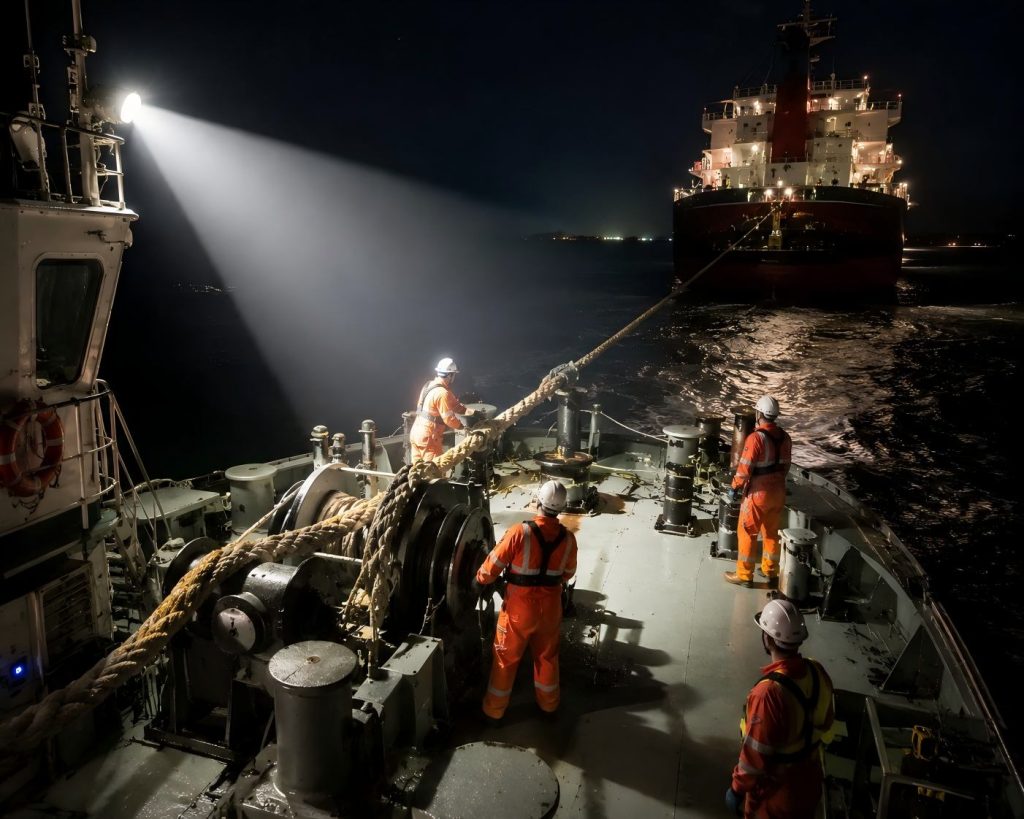 A tugboat searchlight illuminating towlines and working deck during night operation