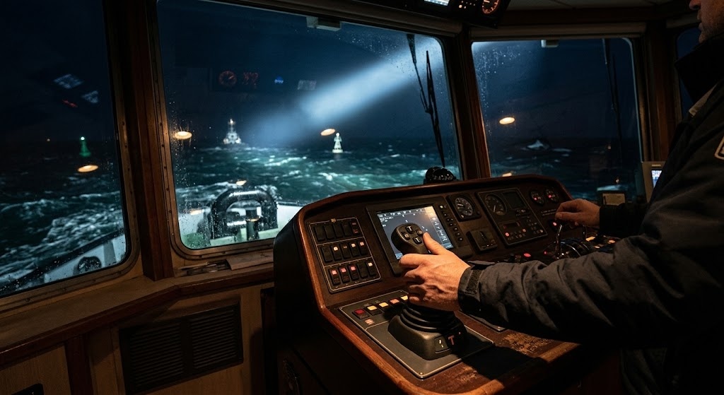 Bridge operator using remote control to adjust tugboat LED searchlights at night