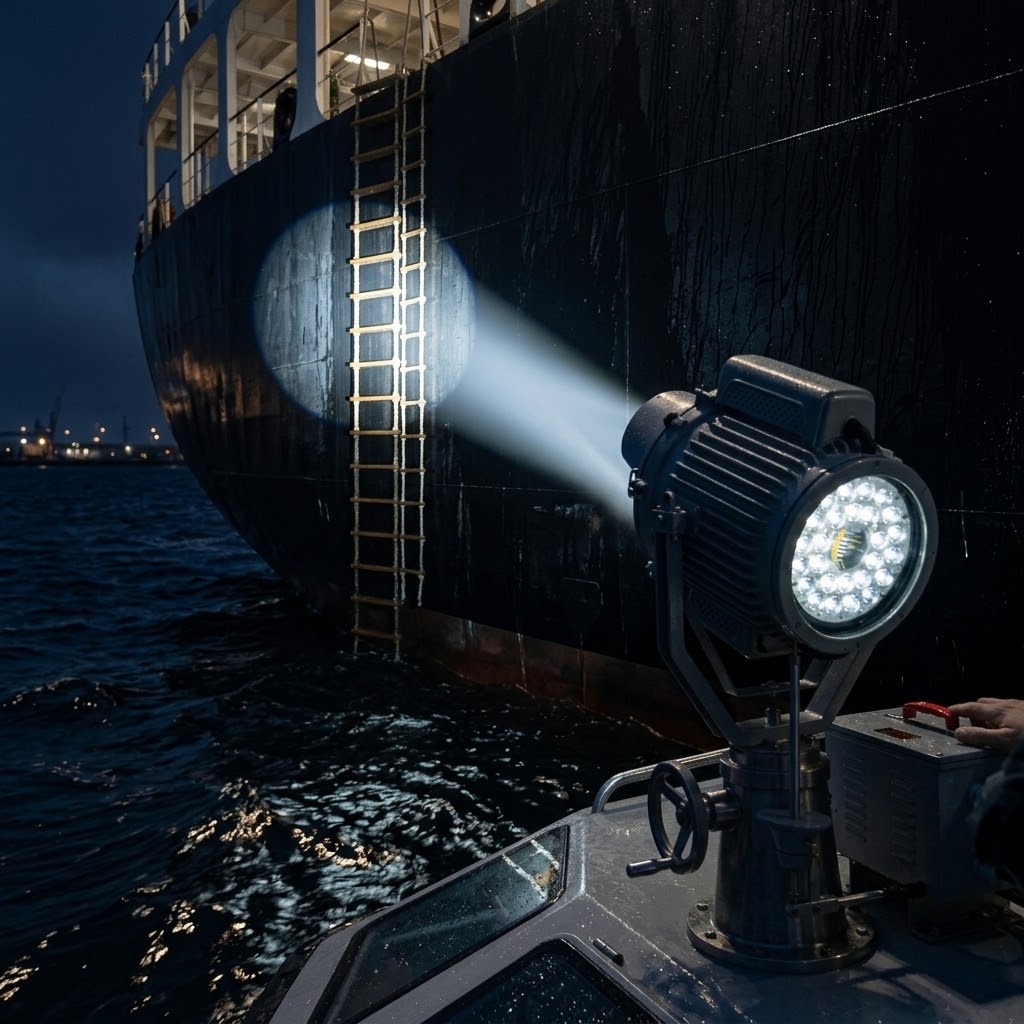 Focused marine spotlights illuminating pilot ladder at night