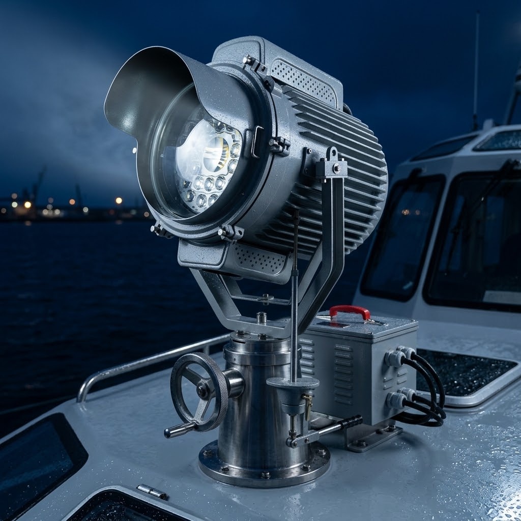 Heavy-duty marine spotlights installed on pilot boat deck