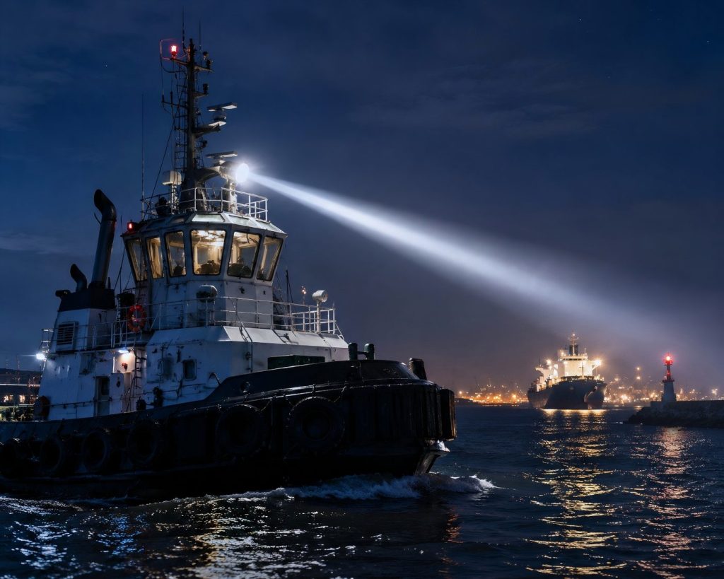LED marine searchlights emitting focused beam on a tugboat