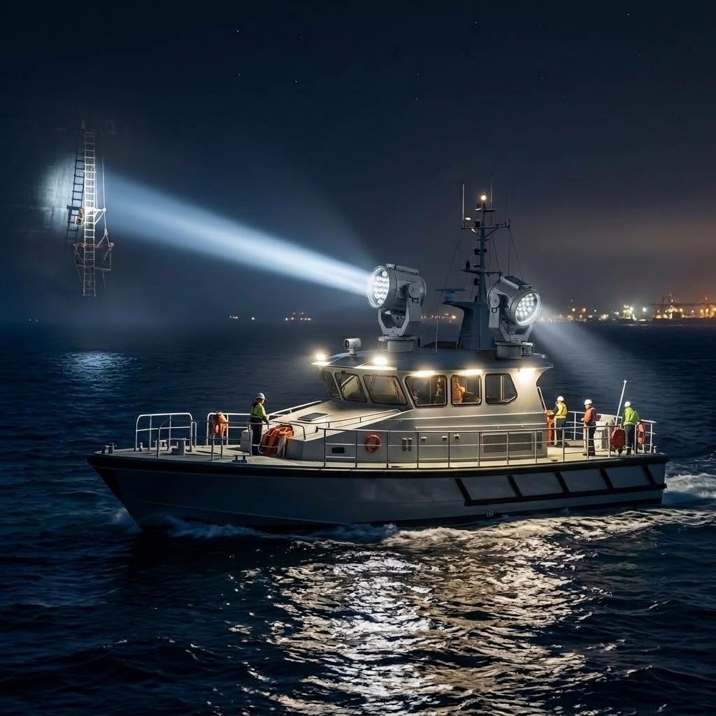 Marine spotlights and deck lights providing complete pilot boat lighting