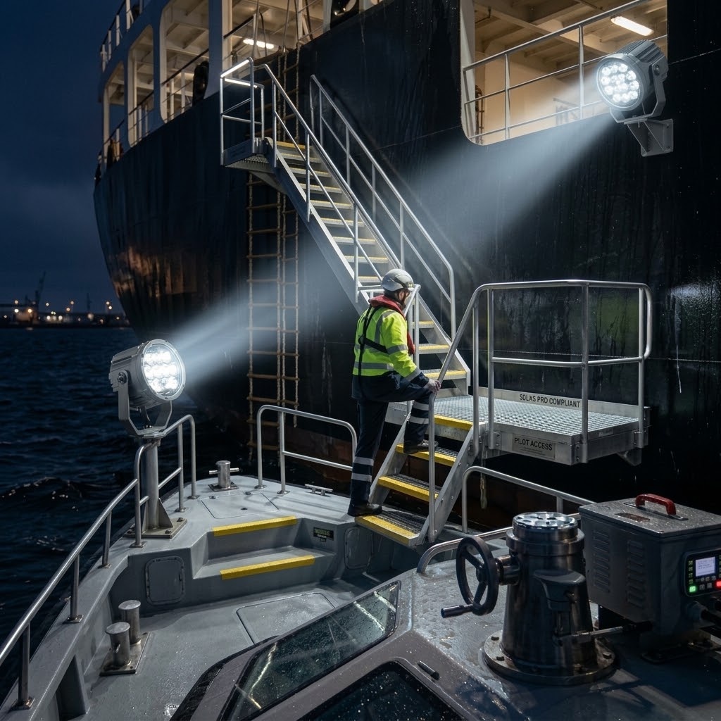 Marine spotlights illuminating pilot boarding area and ladder