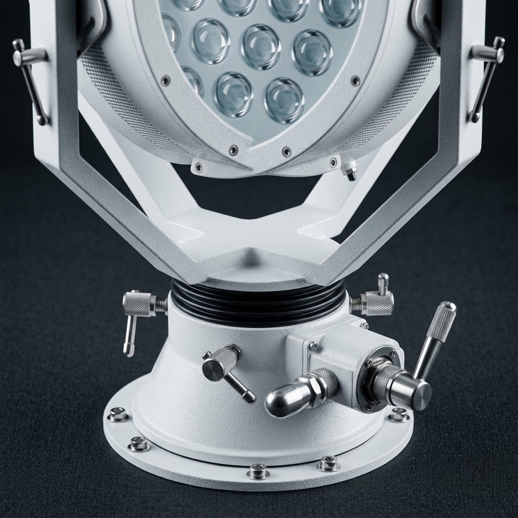 Marine spotlights mounting base and adjustable control mechanism