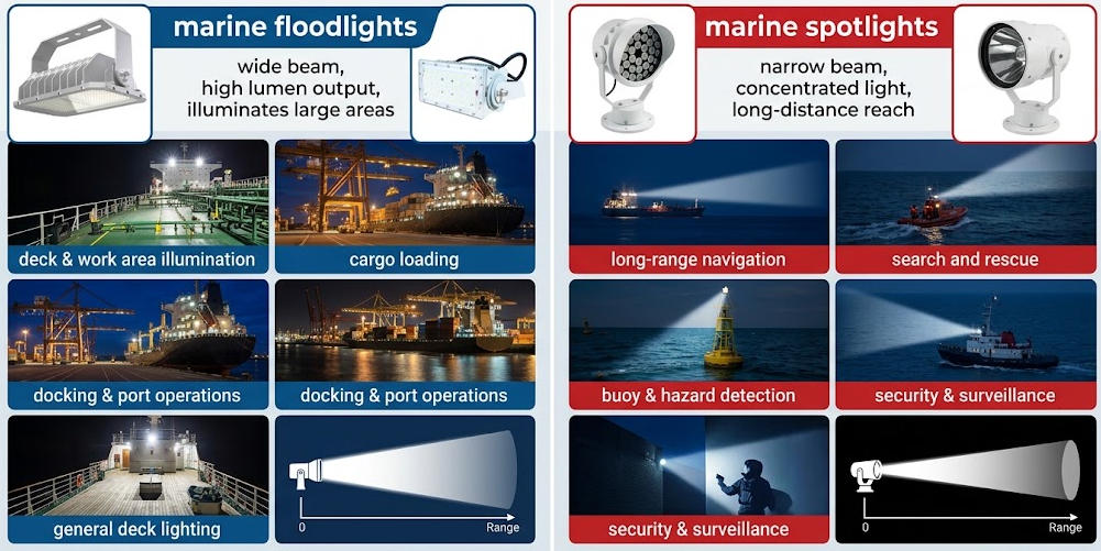 applications of marine floodlights vs. marine spotlights